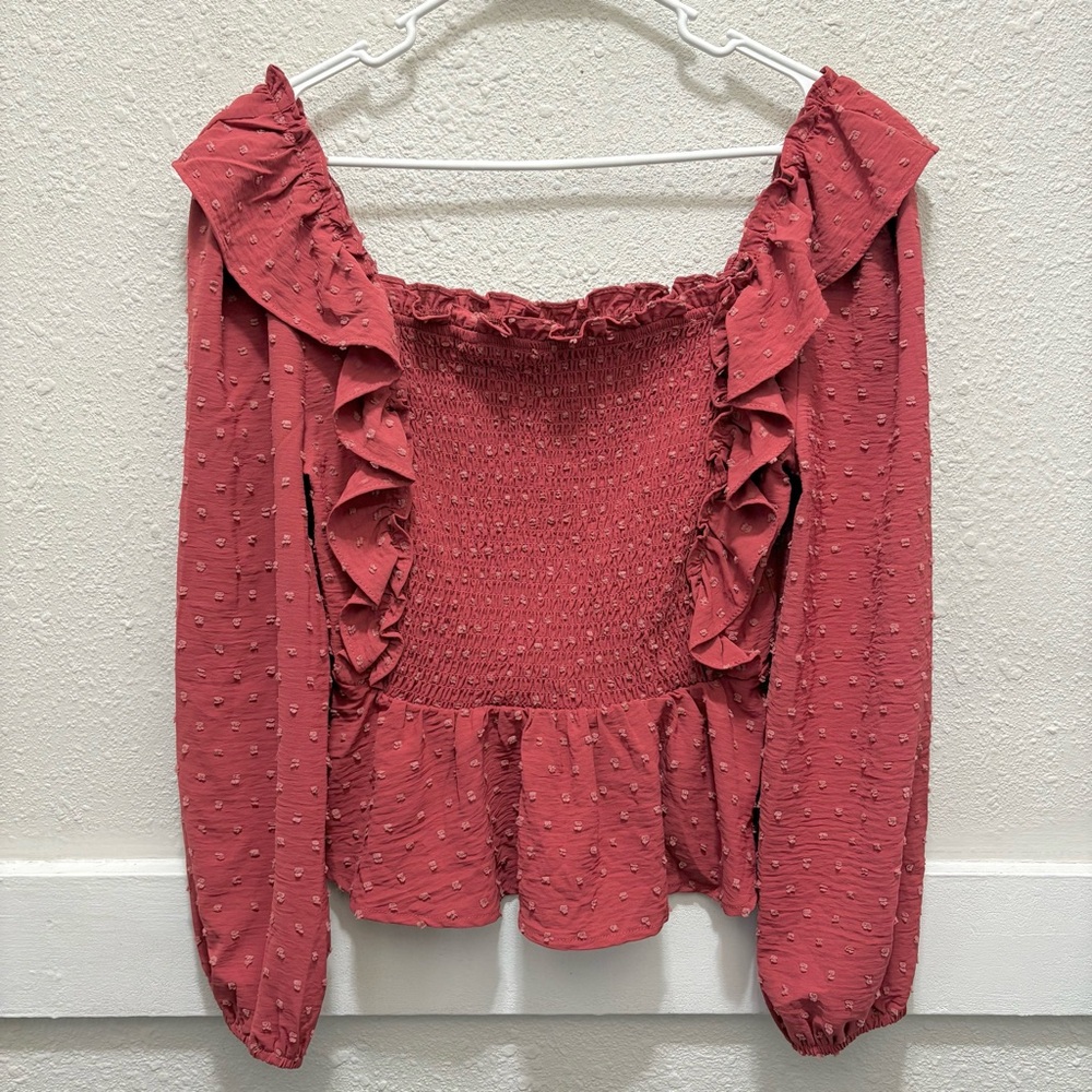 Altar'd State Smocked Ruffle Faded Red Blouse Size M